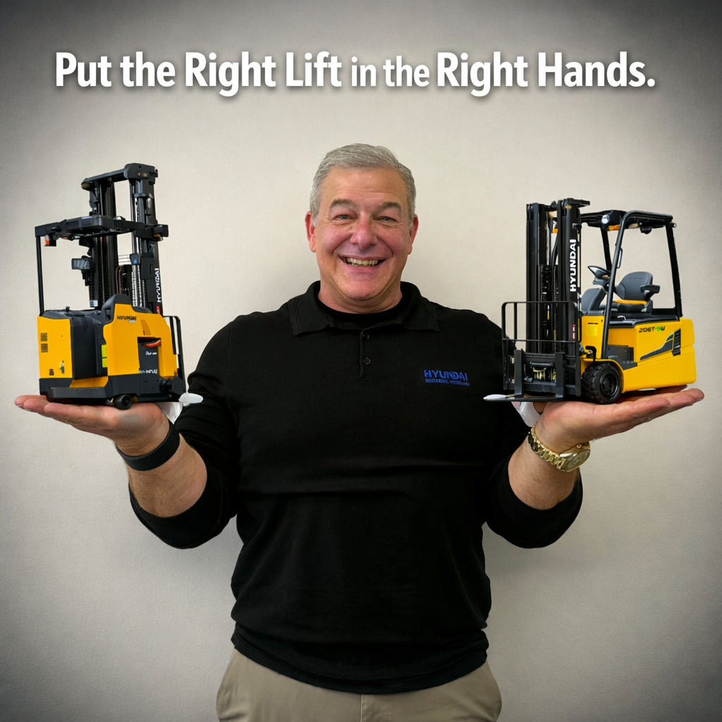 Todd McBroom holding two forklifts, Put the Right Lift in the Right Hands